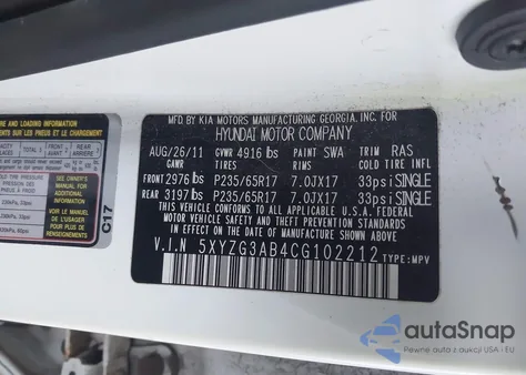 2012 Hyundai Santa Fe Gls z USA, uszkodzony, nr VIN 5XYZG3AB4CG102212